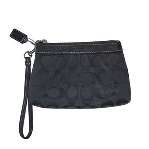 Coach Black Signature C Wristlet Pouch | Zippered Leather Trim & Handle 6 x 4"